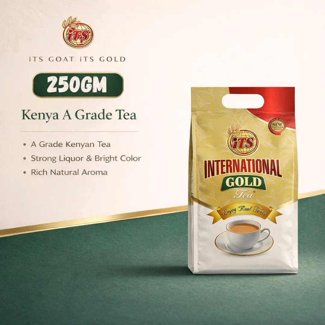 International Gold Tea package on a green background with branding and product details.