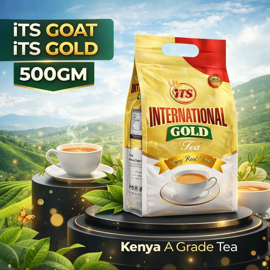 International Gold tea package with scenic background
