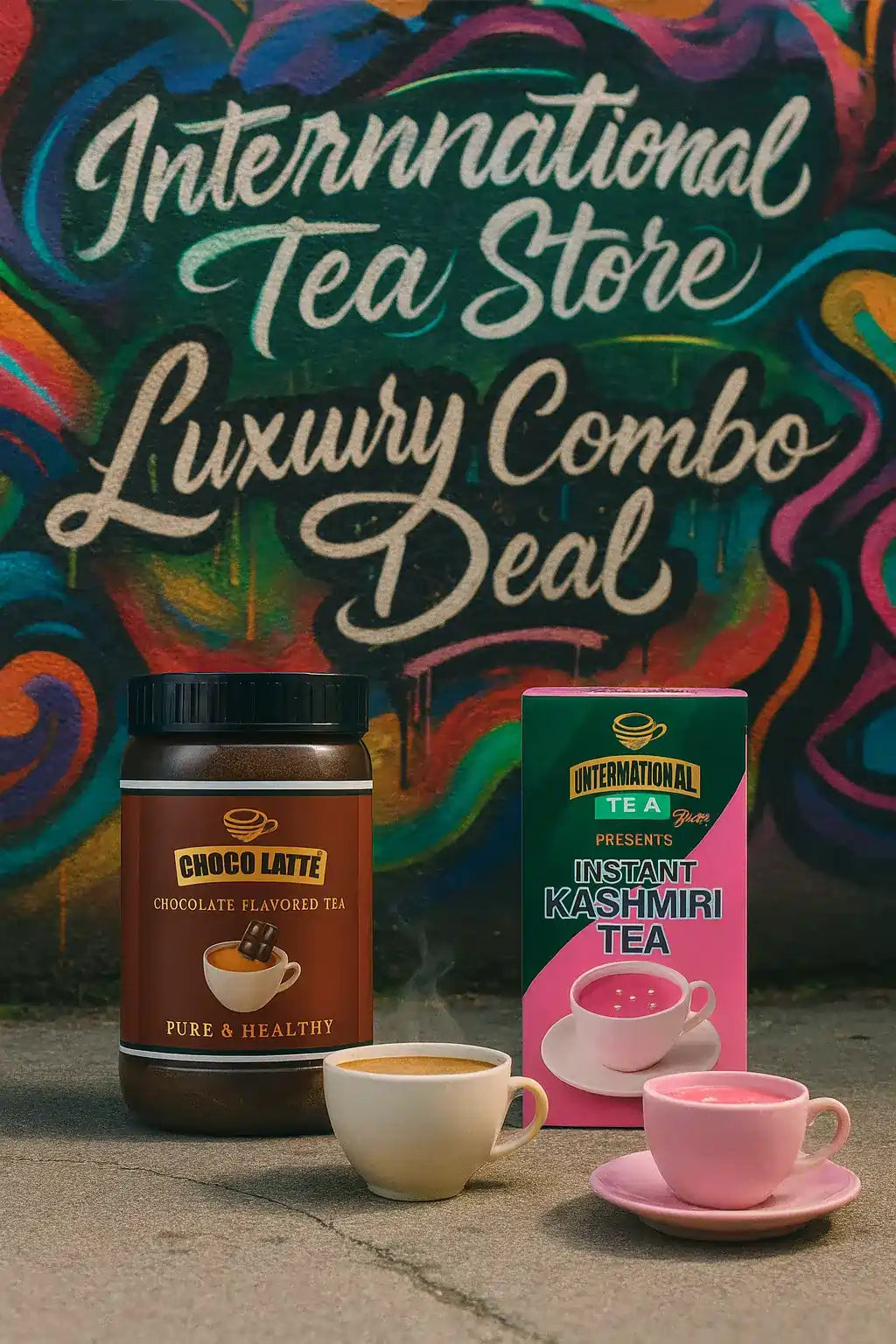 Tea products with a colorful 'International Tea Store' sign in the background