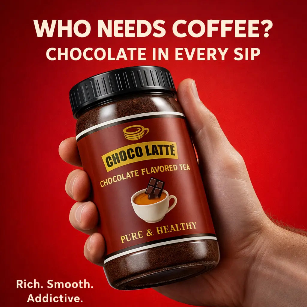 Hand holding a jar of Choco Latte chocolate-flavored tea against a red background with promotional text.